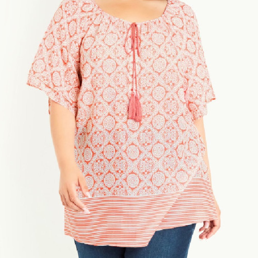 Evans Plus Size 22/24 Medallion Border Peasant Top - Coral